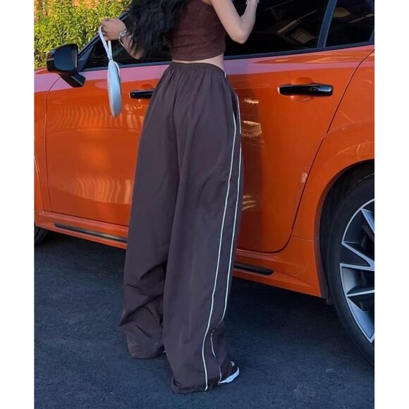 Womens Baggy Y2K Parachute Brown Pants High Waisted Lightweight Streetwear - Picture 2 of 6
